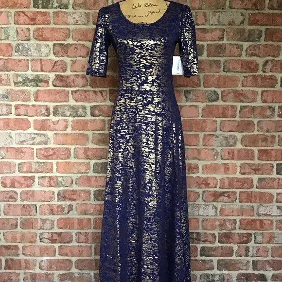 LuLaRoe Ana Maxi Dress Elegant Blue With Metallic Gold XS & SM Available NWT! - Picture 3 of 12